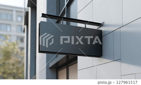 Black shop sign on modern facade 127961517