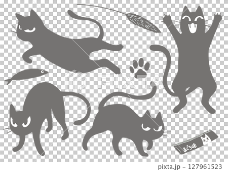 目つきの悪い黒猫4ポーズと猫グッズ 目つきの悪い黒猫4ポーズと猫グッズ 127961523