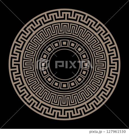 Greek gold round ornament. Golden on black background. Greek pattern. Patterns of Greece and ancient Rome. Circle european border. Typical egyptian, assyrian, greek motives. For ceramic, textile 127961530