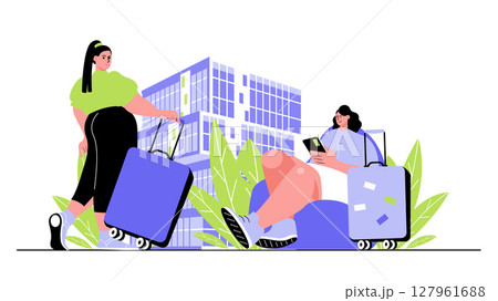 Travel vacation concept for modern web design. People with luggage hurrying flight, going to vacation with baggage, travelling with excursions. Flat vector illustration isolated on white background. Travel vacation concept for modern web design. People with luggage hurrying flight, going to vacation with baggage, travelling with excursions. Flat vector illustration isolated on white background. 127961688