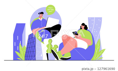 Support center concept for modern web design. People advising and helping customers around clock, answering calls and online messages in chats. Flat vector illustration isolated on white background. Support center concept for modern web design. People advising and helping customers around clock, answering calls and online messages in chats. Flat vector illustration isolated on white background. 127961690
