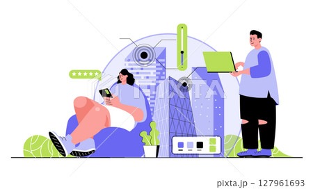 Smart city concept for modern web design. People monitoring and managing homes with eco friendly infrastructure, using green electricity in apps. Flat vector illustration isolated on white background. 127961693