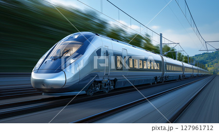 Fast train racing through the countryside 127961712