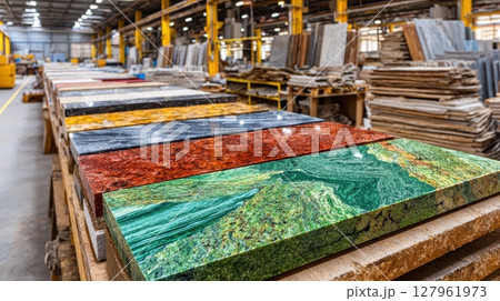Polished granite slabs showcasing diverse colors and patterns in a warehouse setting, highlighting the inherent beauty and quality of natural stone 127961973