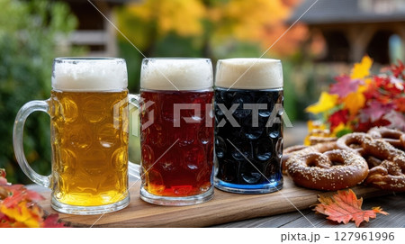 Celebrate autumn with a trio of beer steins filled with different brews next to Bavarian pretzels, perfect for Oktoberfest 127961996