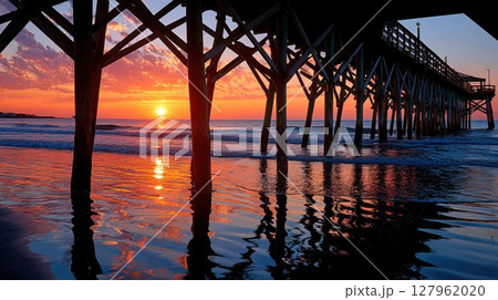 The sun setting behind the pier casts a stunning warm glow, with beautiful reflections on the beach. A stunning ocean landscape at twilight 127962020