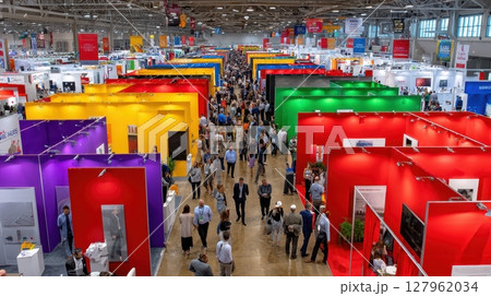 Overhead shot of a convention hall bustling with attendees walking among brightly colored booths at a trade show, showcasing a dynamic exhibition of commerce 127962034