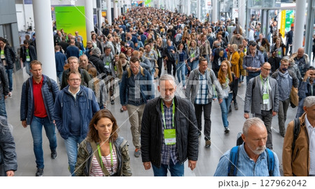 Crowd at indoor venue, likely a conference or trade fair. Attendees wear name tags. Busy event, showcasing business/networking 127962042
