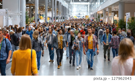 Crowd walks in convention hall. Vibrant atmosphere, attendees immersed in event 127962043