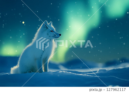 White arctic fox sits in snow, gazing at vibrant aurora borealis in night sky 127962117