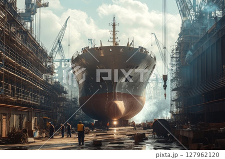 Colossal vessel under construction surrounded by cranes and scaffolding in busy port 127962120
