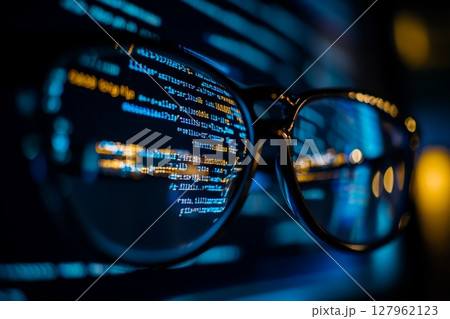 Programming syntax mirrored in spectacles, symbolizing software development 127962123
