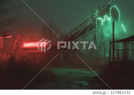 Eerie nighttime scene of an abandoned amusement park with a neon-lit roller coaster and mysterious red glow Eerie nighttime scene of an abandoned amusement park with a neon-lit roller coaster and mysterious red glow 127962132