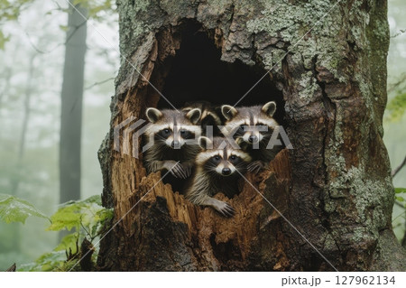 Three raccoons nestled in tree hollow, surrounded by lichen-covered bark in foggy woodland setting 127962134