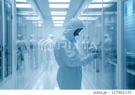 Workers in protective gear operating in a sterile manufacturing environment with advanced technology and machinery 127962135