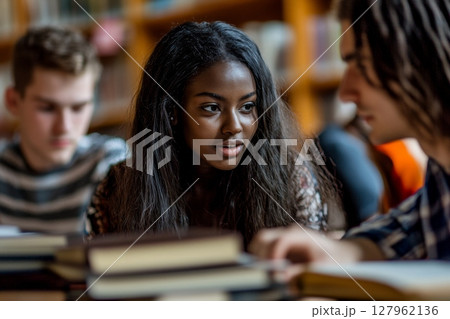 Young woman engaged in conversation with classmates while studying in a library setting with bookshelves in background 127962136