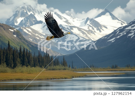 Bald eagle in flight over scenic Alaskan terrain with snow-capped mountains, evergreen forest, and tranquil lake 127962154