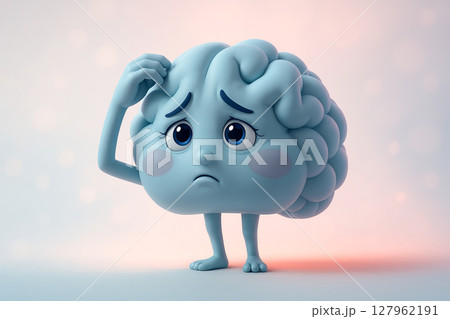 Sad 3D cartoon brain with memory loss, scratching its head in confusion on soft gradient background 127962191