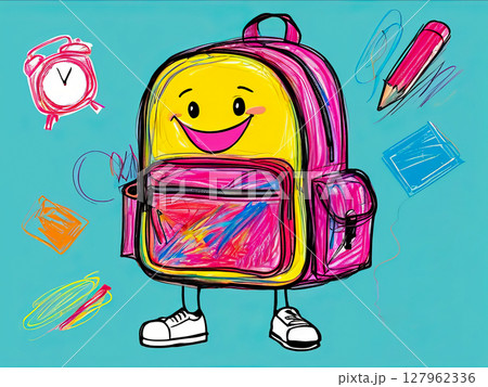 Funny smiling backpack with face Funny smiling backpack with face 127962336