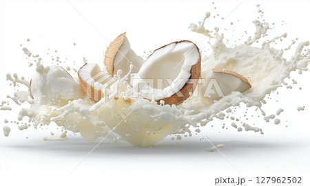 Coconut pieces flying through the air in motion 127962502