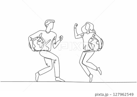 Continuous one line drawing a man and woman jump while holding a globe together. Connects enthusiasts worldwide with same passion. We Jump The World Day. Single line draw design vector illustration Continuous one line drawing a man and woman jump while holding a globe together. Connects enthusiasts worldwide with same passion. We Jump The World Day. Single line draw design vector illustration 127962549