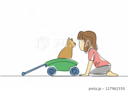 Single continuous line drawing girl kisses a cat standing on a wagon. Enjoy joking around with the beloved cat. Adorable behavior. Cute. National Pet Parents Day. One line design vector illustration 127962550