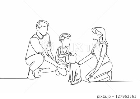 Single continuous line drawing a father and mother and their son are kneeling while they are all stroking a cat. Love in unity. Warmth. National Pet Parents Day. One line design vector illustration 127962563