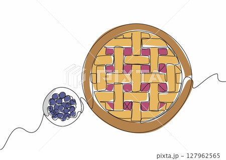 Continuous one line drawing blueberry pie on a round wooden cutting board. Add the deliciousness of fresh berries. Very tasty. National Blueberry Pie Day. Single line draw design vector illustration Continuous one line drawing blueberry pie on a round wooden cutting board. Add the deliciousness of fresh berries. Very tasty. National Blueberry Pie Day. Single line draw design vector illustration 127962565