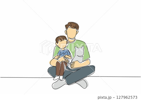Continuous one line drawing a father sits on the floor hugging his son and a cat. The feeling of having fun joking together. Cute. National Pet Parents Day. Single line draw design vector illustration Continuous one line drawing a father sits on the floor hugging his son and a cat. The feeling of having fun joking together. Cute. National Pet Parents Day. Single line draw design vector illustration 127962573