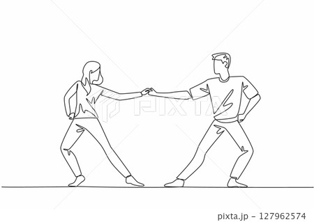 Single one line drawing married couple dancing on the dance floor. The harmonious opposite dance. The compactness of young couples. International Dance Day. Continuous line design graphic illustration 127962574