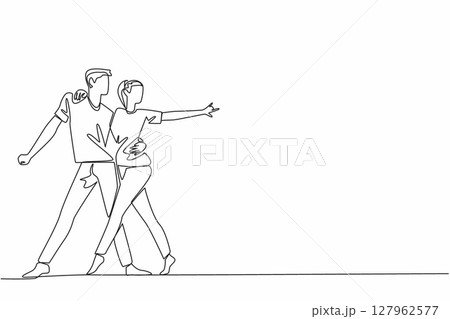 Single continuous line drawing married couple dancing on the dancefloor. Dancing to the music. Rhythm of singing. Salsa dance. Tango dance. International Dance Day. One line design vector illustration 127962577