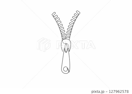 Single continuous line drawing partially open zipper. Connecting two sides of the material into one. Want to take something when opened. National Zipper Day. One line design vector illustration 127962578