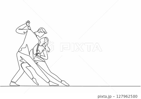 Single one line drawing married couple dancing on the dancefloor. Music makes the dance feel more romantic. Looking into the eyes. International Dance Day. Continuous line design graphic illustration 127962580