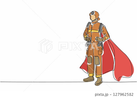 Continuous one line drawing male firefighter in full uniform and wings holding waist. Hero who fights when fire devours buildings. National Superhero Day. Single line draw design vector illustration 127962582