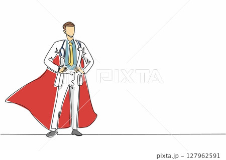 Single one line drawing male doctor standing wearing robe and wings. Completed major surgical task. Emergency. The true super hero. National Superhero Day. Continuous line design graphic illustration Single one line drawing male doctor standing wearing robe and wings. Completed major surgical task. Emergency. The true super hero. National Superhero Day. Continuous line design graphic illustration 127962591