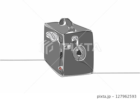 Single continuous line drawing pinhole camera. With a strap made of genuine leather. Adds a classic and elegant impression. Vintage. World Pinhole Photography Day. One line design vector illustration 127962593