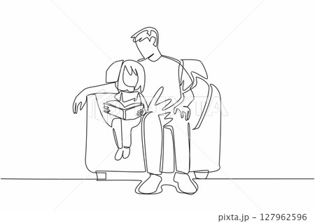 Single one line drawing a father sits on a single sofa with his daughter who is reading a book. Spending the weekend together. National Pet Parents Day. Continuous line design graphic illustration 127962596