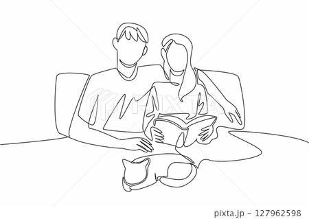 Continuous one line drawing romantic couple relaxing on the bed and reading a book. Quality time with beloved cat. Joy together. National Pet Parents Day. Single line draw design vector illustration 127962598