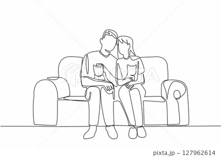 Continuous one line drawing a married couple sitting on the sofa while each holding a cat. Warmth of family. The favorite cat. National Pet Parents Day. Single line draw design vector illustration 127962614