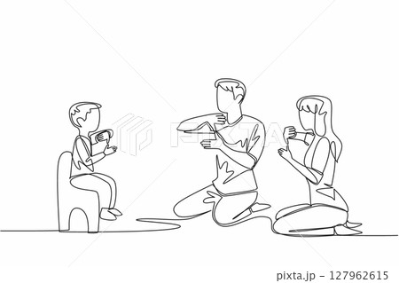 Single continuous line drawing boy sitting on a small chair in front of father and mother. Communicate without sound. Limitations. Sign. Mother Father Deaf Day. One line design vector illustration 127962615
