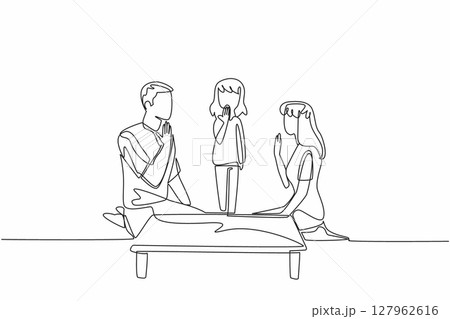 Continuous one line drawing daughter stands in the middle of seated father and mother. Learn body language. Limited capabilities. Mother Father Deaf Day. Single line draw design vector illustration 127962616