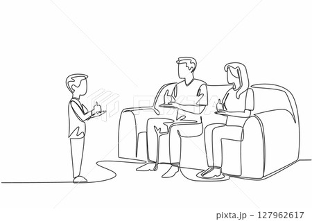 Single one line drawing boy standing in front of father and mother who are sitting. Learning sign language. A language full of love. Mother Father Deaf Day. Continuous line design graphic illustration 127962617