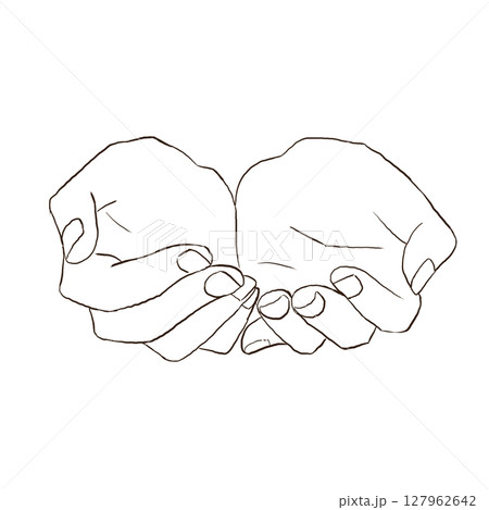 両手ですくう動作をする手の線画イラスト 127962642