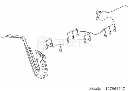 Continuous one line drawing some scales out of the saxophone. Soft rhythm. Soothing melody. Breathtaking performance. Instrument. International Jazz Day. Single line draw design vector illustration 127962647