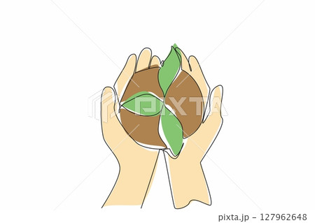 Single continuous line drawing two hands holding a newly grown tree with its soil. People who care about the environment. Presenting trees. Go green. Day of Trees. One line design vector illustration 127962648