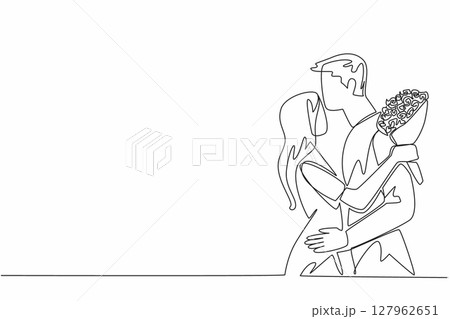 Single continuous line drawing husband kisses forehead of wife while wife holds a bouquet of flowers. The deepest love for wife. Romance. Couple Appreciation Day. One line design vector illustration 127962651