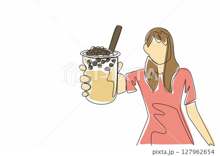 Single one line drawing woman in casual clothes holding glass of bubble tea. Offers cold and sweet drinks. Sweet tapioca. Beverage. National Bubble Tea Day. Continuous line design graphic illustration Single one line drawing woman in casual clothes holding glass of bubble tea. Offers cold and sweet drinks. Sweet tapioca. Beverage. National Bubble Tea Day. Continuous line design graphic illustration 127962654
