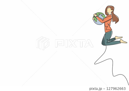 Single continuous line drawing a woman in casual clothes jumps while holding a globe. Female parkour player. An exciting hobby. Expression. We Jump The World Day. One line design vector illustration 127962663