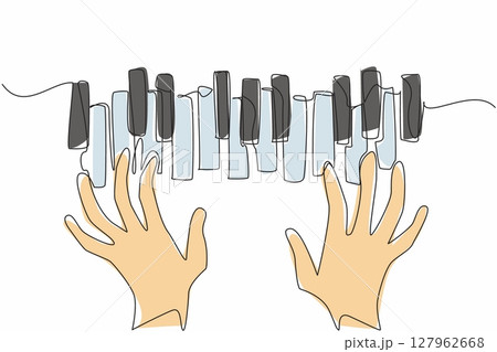 Single continuous line drawing hands pressing the piano keys which are arranged irregularly. Advertising needs for classical music lovers. International Jazz Day. One line design vector illustration 127962668