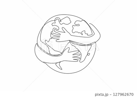 Single continuous line drawing 2 hands hugging a heart shaped globe. Symbolism of doing whatever it takes to keep the earth beautiful. Sacrifice. Global Love Day. One line design vector illustration Single continuous line drawing 2 hands hugging a heart shaped globe. Symbolism of doing whatever it takes to keep the earth beautiful. Sacrifice. Global Love Day. One line design vector illustration 127962670